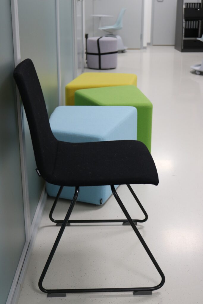 Edessä musta tuoli ja takana kolme rahia.